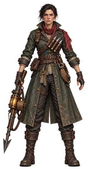 Isolde Vane, full figure: a whaler’s coat, a red scarf and a harpoon crossbow