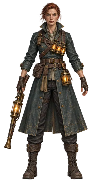 Maren Holt, full figure: a long teal keeper’s coat, lantern cells on her harness and a brass lantern rifle