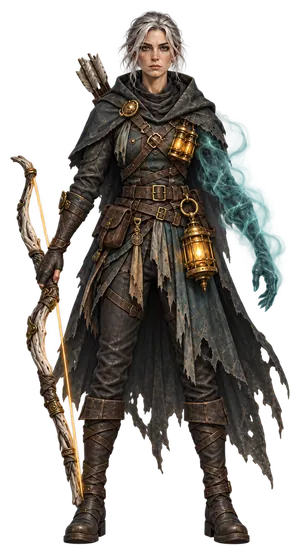 Sable, full figure: a torn hooded cloak, a longbow, and a left arm of swirling teal fog