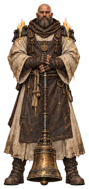 Brother Tallow, full figure: a wax-stained robe, candles on his shoulders and a great bronze bell on a haft