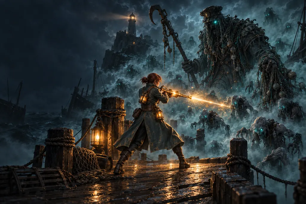 Maren, the last Lantern Keeper, fires a beam of light from her lantern rifle on a night harbor pier into a wall of fog full of teal-eyed Hollowed, while a giant drowned figure draped in nets looms behind them.