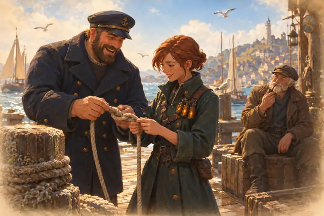 A sunny morning on the Saltmere quay before the fog: a laughing harbormaster teaches a young Maren to tie a knot while an old fisherman watches