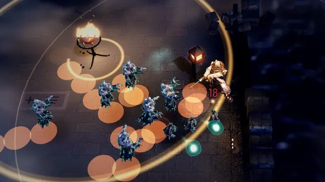 In-game: Maren fights a crowd of Hollowed around a brazier in the flooded chapel, her light ring drawn on the stones