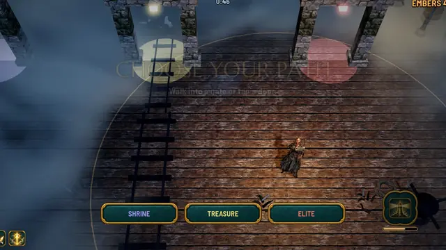 In-game: a crossroads on the pier, three doors marked Shrine, Treasure and Elite