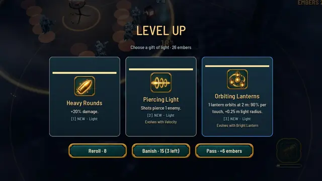 In-game: the level-up choice between three skill cards: Heavy Rounds, Piercing Light and Orbiting Lanterns