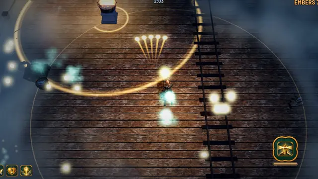 In-game: two relit braziers throw rings of warm light across the Long Pier while Maren fires a spread of shots