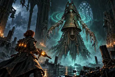 Maren faces a hooded giant wearing a cracked bronze bell and wrapped in chains inside the flooded chapel