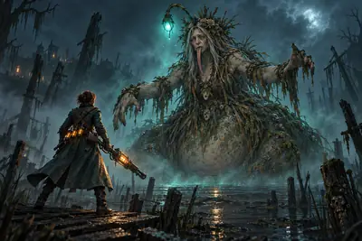 Maren faces a towering drowned woman crowned with reeds, rising from the black water of the marsh