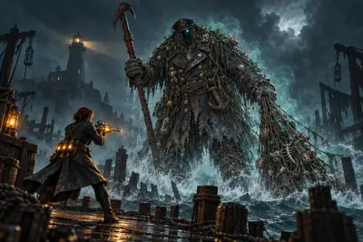 Maren faces a giant drowned figure draped in fishing nets as it rises from the harbor below the lighthouse